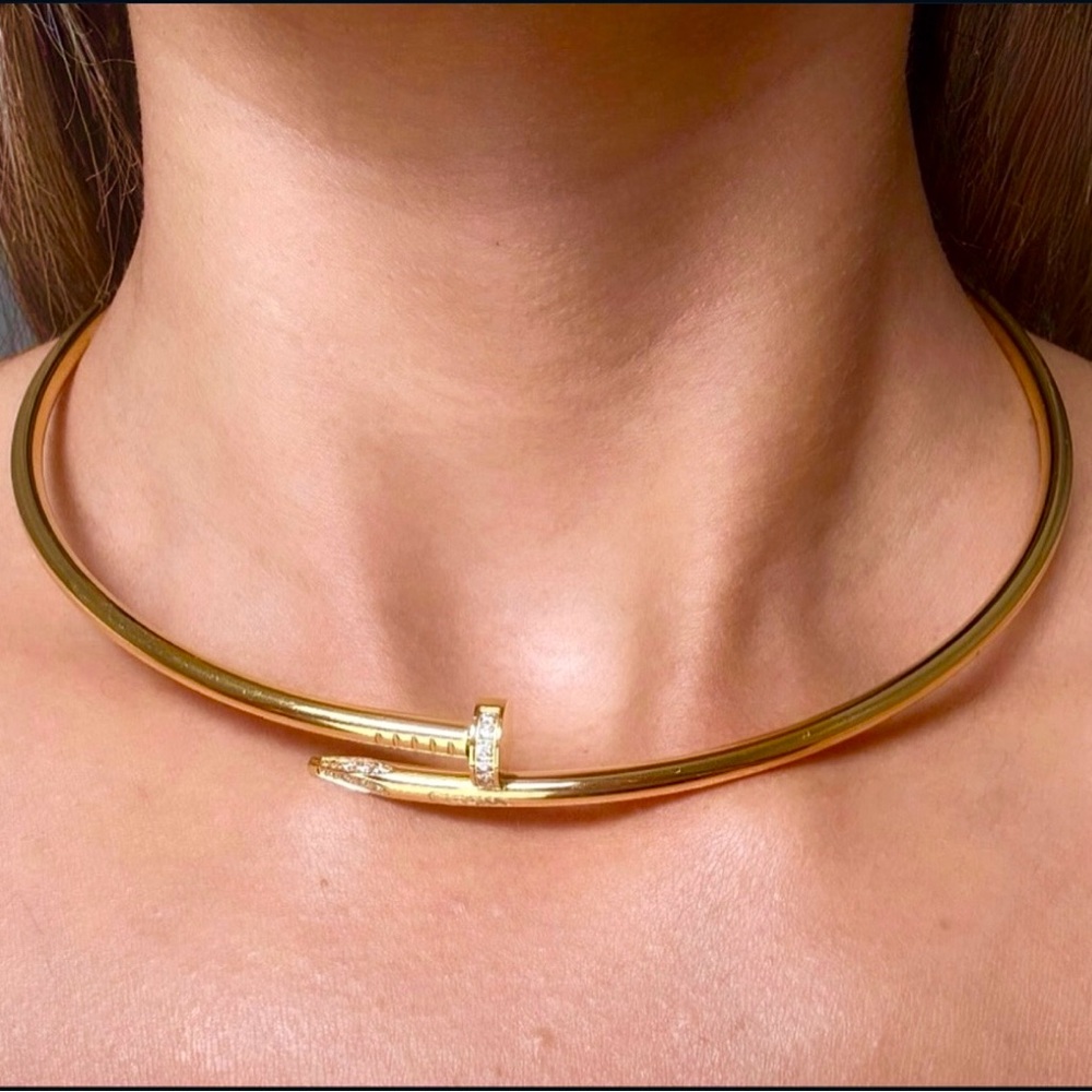 Nail Choker 18K Gold Plated Pave Zirconia Screw Motif Statement Necklace